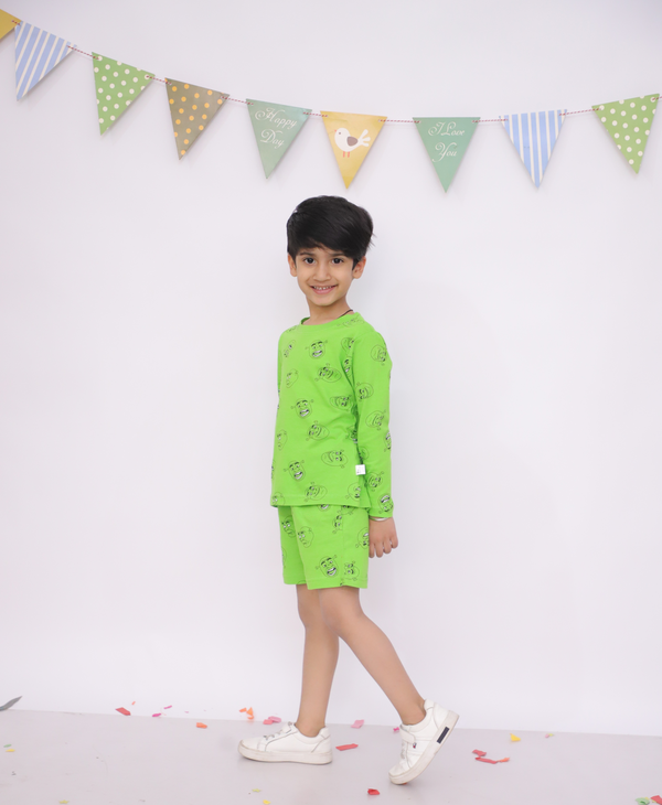 Playful Green Character Print Short Set