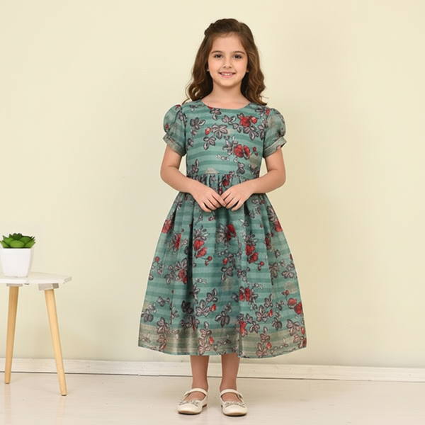 GREEN CHANDERI STIPES WITH A RED FLOWER PRINT