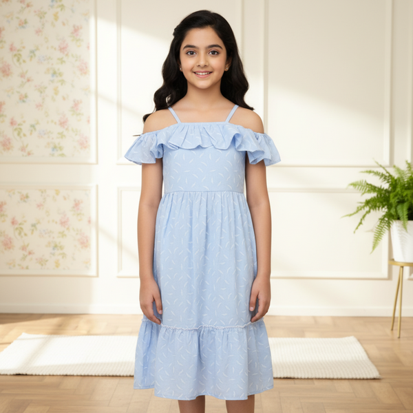 teen blue georgette fabric with a small feather all over print