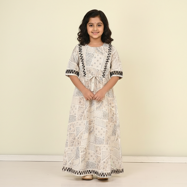 DIGITAL PRINTED SOFT SILK ON OFF WHITE WITH A HAND STITCHED FABRIC DESIGN