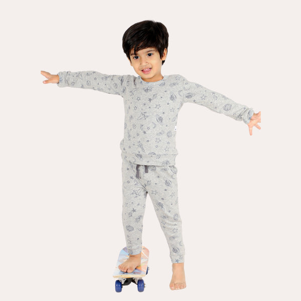Bears Cub Full Sleeves Printed Nightwear For Boys - Grey Melange