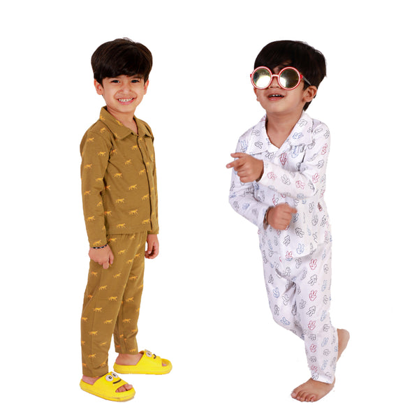 Bears Cub Full Sleeves Printed Pajama Combo Set for Boys - Olive & White