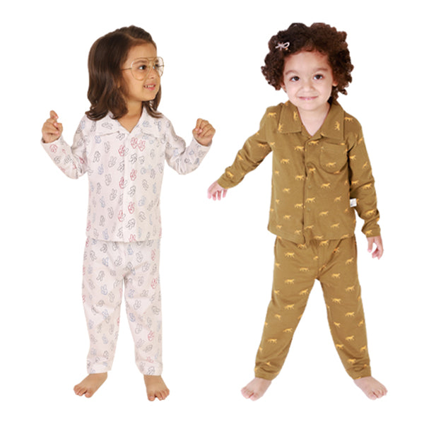 Bears Cub Full Sleeves Printed Pajama Combo Set for Girls - Olive & White