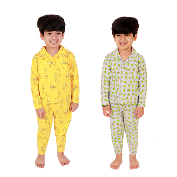 Bears Cub Full Sleeves Printed Pajama Combo Set for Boys - Yellow & Melange