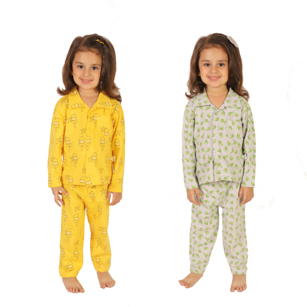 Bears Cub Full Sleeves Printed Pajama Combo Set for Girls - Yellow & Melange