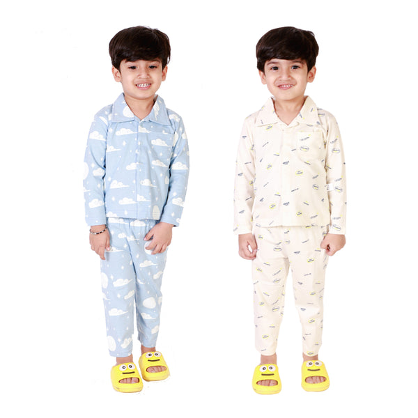 Bears Cub Full Sleeves Printed Pajama Combo Set for Boys - Off White & Royal Blue