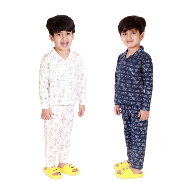 Bears Cub Full Sleeves Printed Pajama Combo Set for Boys - Off White & Navy