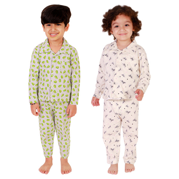 Bears Cub Full Sleeves Printed Pajama Combo Set for Boys - Off White & Melange