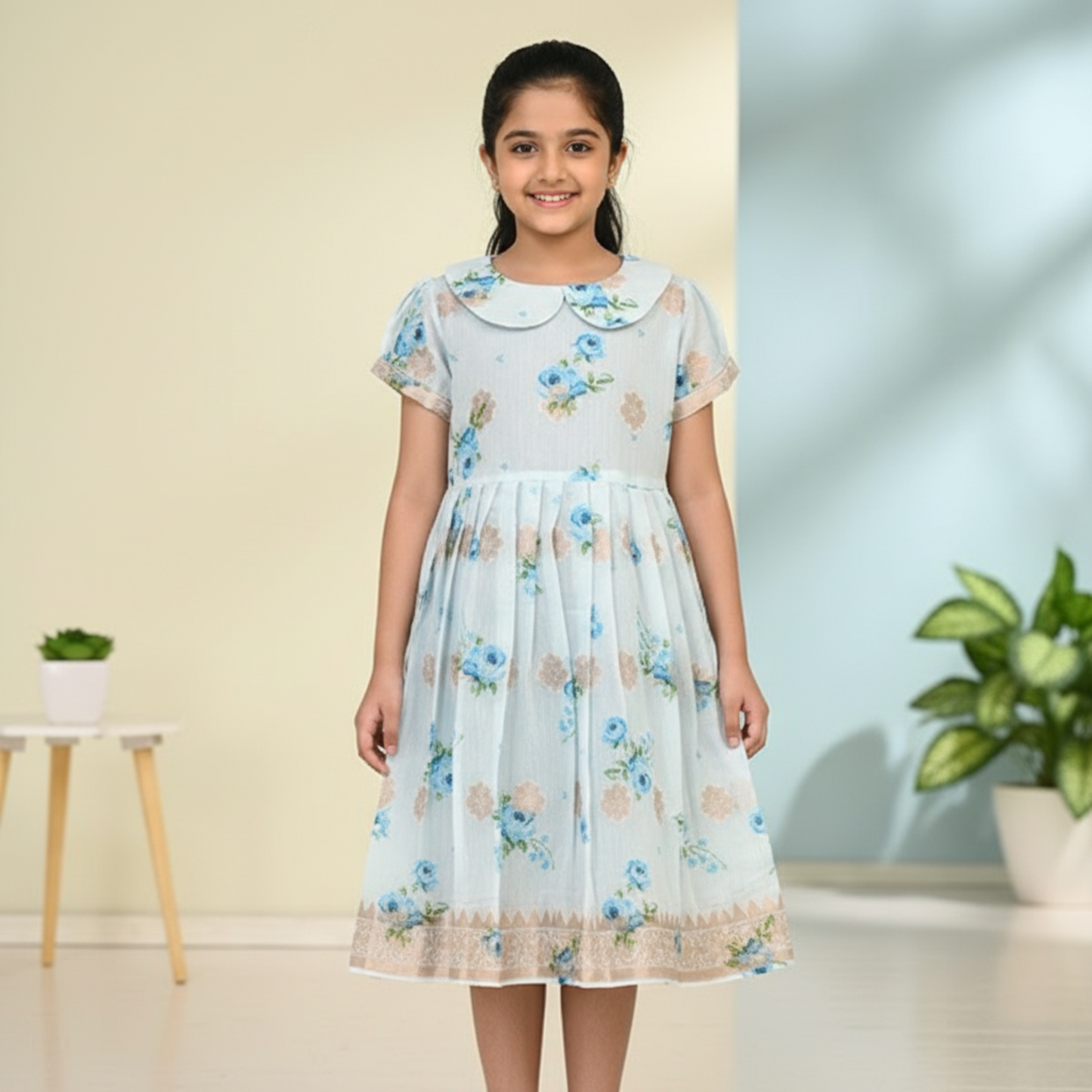 ICE BLUE CHANDARI WITH GOLDEN LUREX BODER AND FLOWER PRINTED