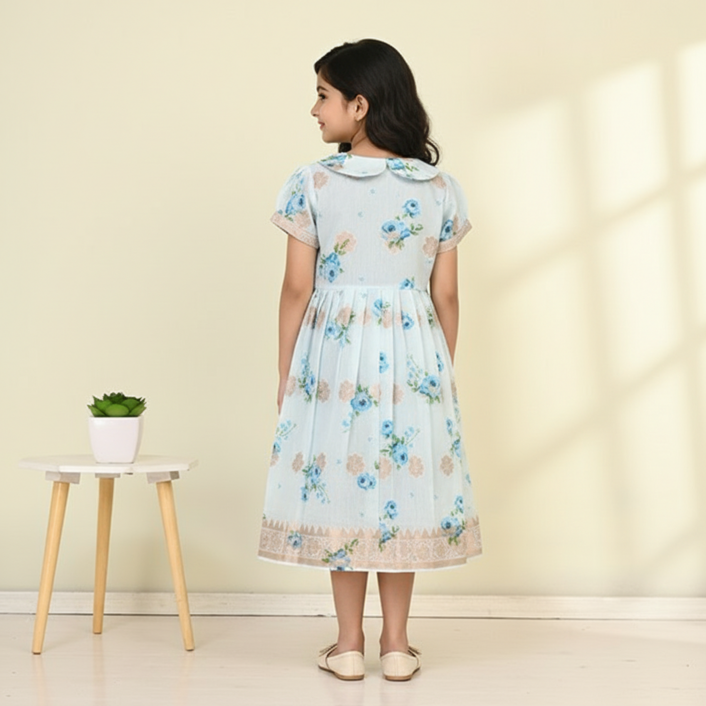 ICE BLUE CHANDARI WITH GOLDEN LUREX BODER AND FLOWER PRINTED