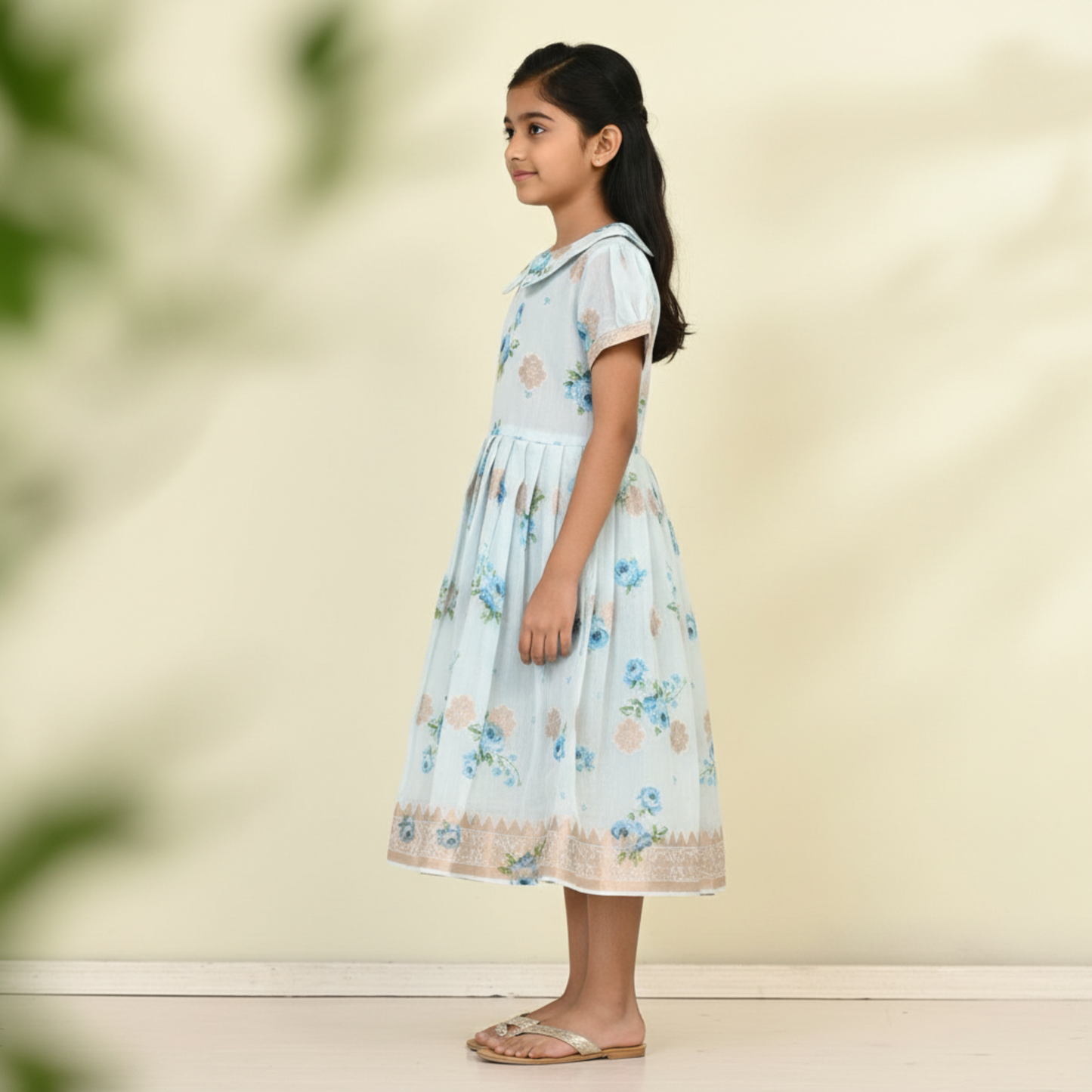 ICE BLUE CHANDARI WITH GOLDEN LUREX BODER AND FLOWER PRINTED