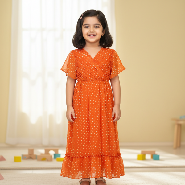 ORANGE FABIRC POLA DOT WITH A V NECK