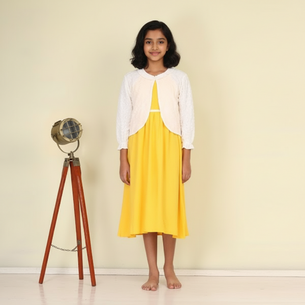 YELLOW RAYON TOP  WITH A WHITE  BUBBLE OVERTOP