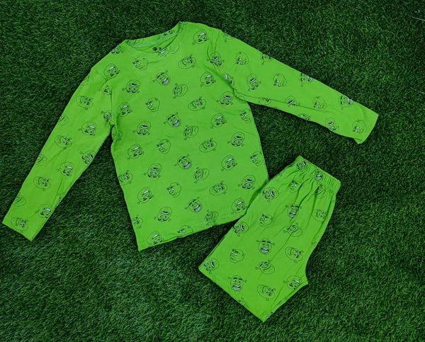 Playful Green Character Print Short Set