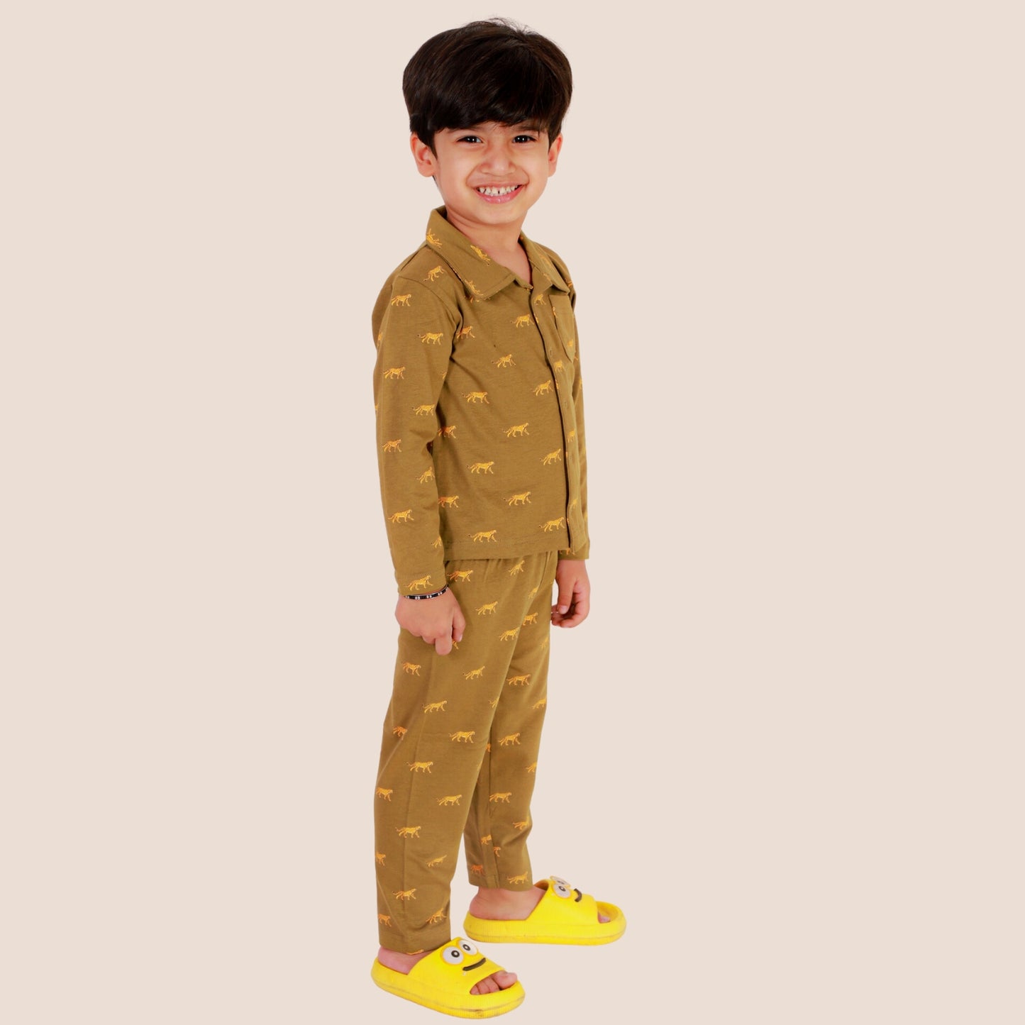 Bears Cub Full Sleeves Printed Mix Night Suit For Boys - Olive