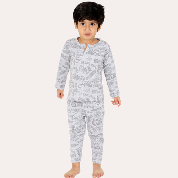 Bears Cub Full Sleeves Printed Sleepwear For Boys - Grey Melange