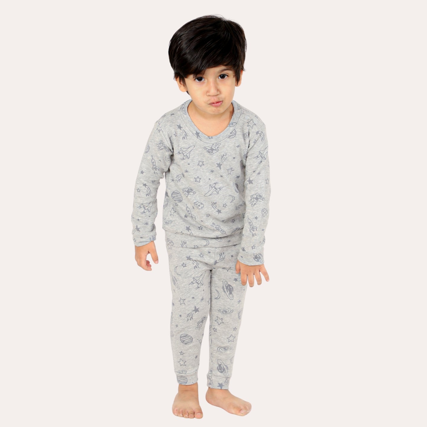 Bears Cub Full Sleeves Printed Nightwear For Boys - Grey Melange