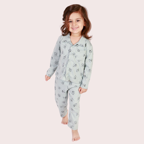 Bears Cub Full Sleeves Printed Night Suit For Girls - Aqua