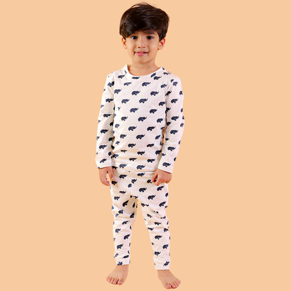 Bears Cub Full Sleeves Printed Night Suit For Boys - White AOP