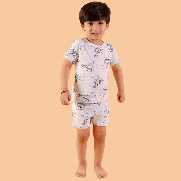 Bears Cub Half Sleeves Printed T-shirt & Shorts Set For Boys - Grey Melange