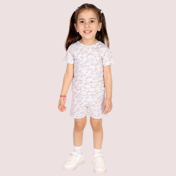 Bears Cub Half Sleeves Printed T-shirt & Shorts Set For Girls - Pink AOP