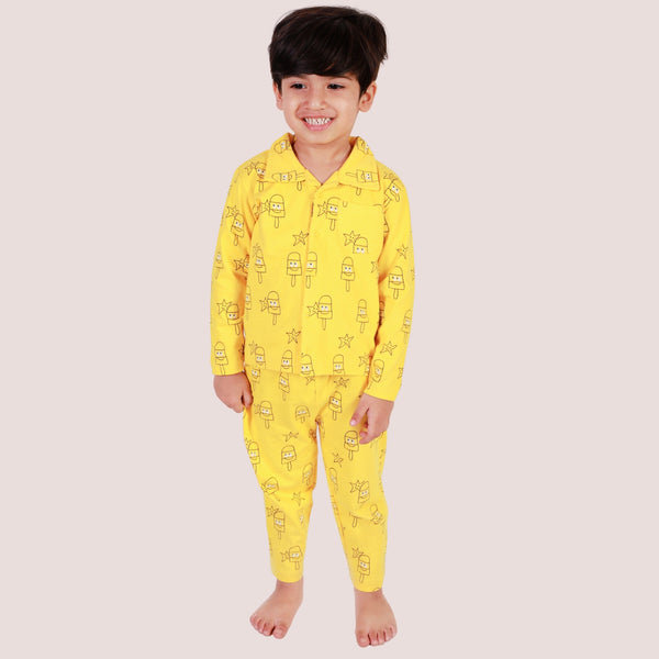 Bears Cub Full Sleeves Printed Mix Night Suit For Boys - Yellow