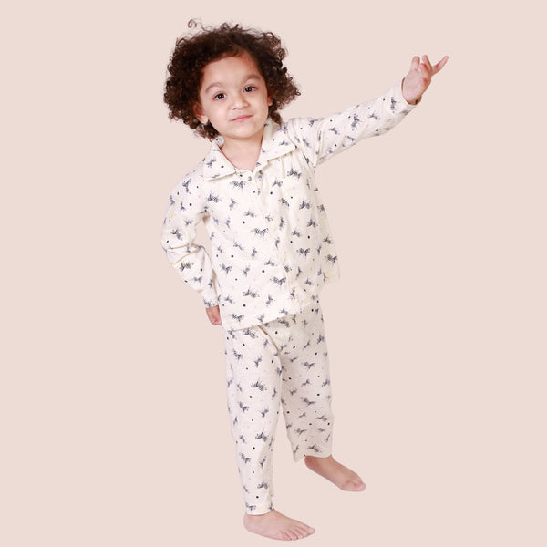 Bears Cub Full Sleeves Printed Night Suit For Girls - Off White