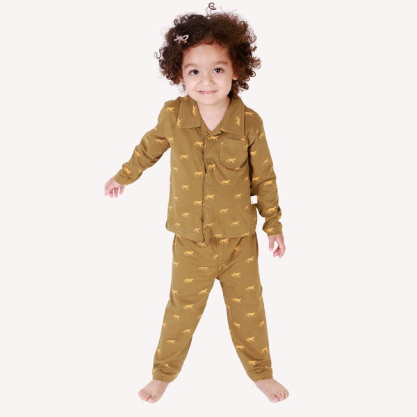 Bears Cub Full Sleeves Printed Mix Night Suit For Girls - Olive