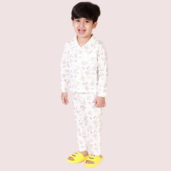 Bears Cub Full Sleeves Printed Night Suit For Boys - off white