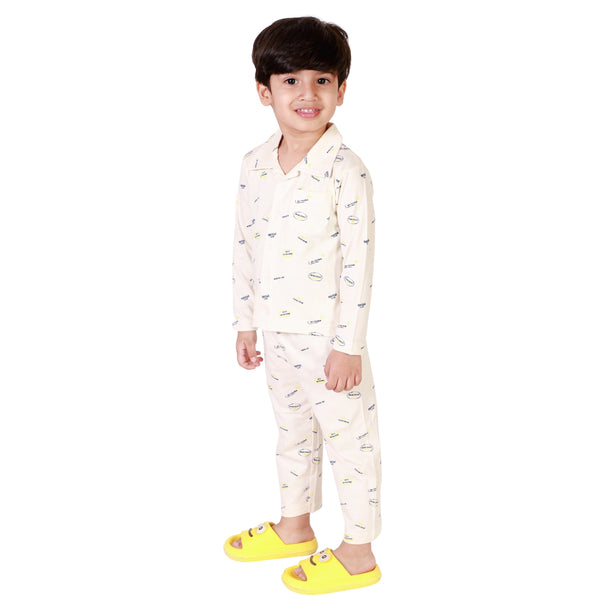 Bears Cub Full Sleeves Printed Night Suit For Boys - Off white